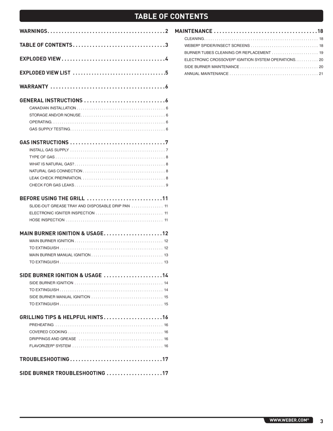 Weber 89963 manual Table of Contents 