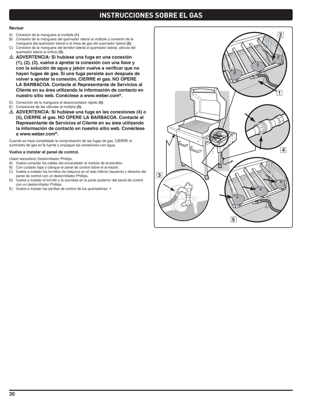 Weber 89963 manual Revisar, Vuelva a instalar el panel de control 