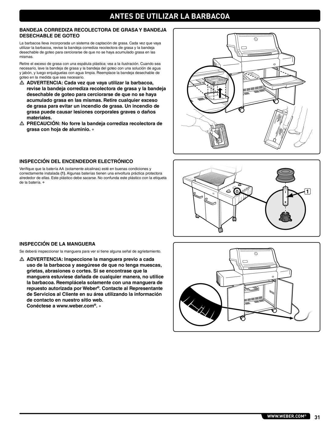 Weber 89963 manual Antes DE Utilizar LA Barbacoa, Inspección DEL Encendedor Electrónico, Inspección DE LA Manguera 