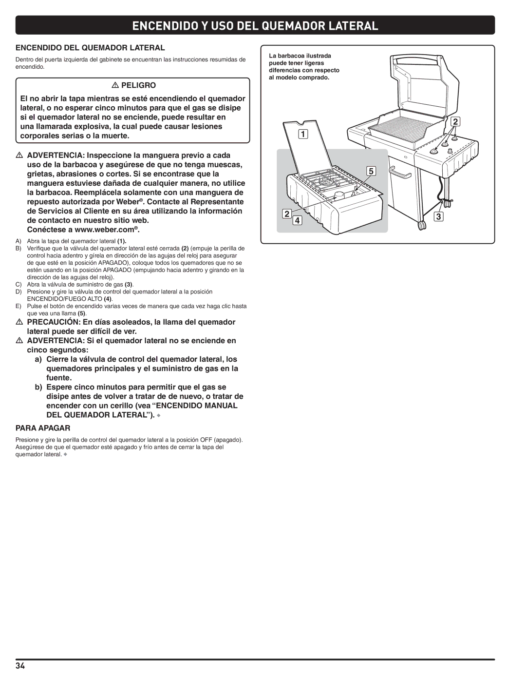 Weber 89963 manual Encendido Y USO DEL Quemador Lateral, Encendido DEL Quemador Lateral 