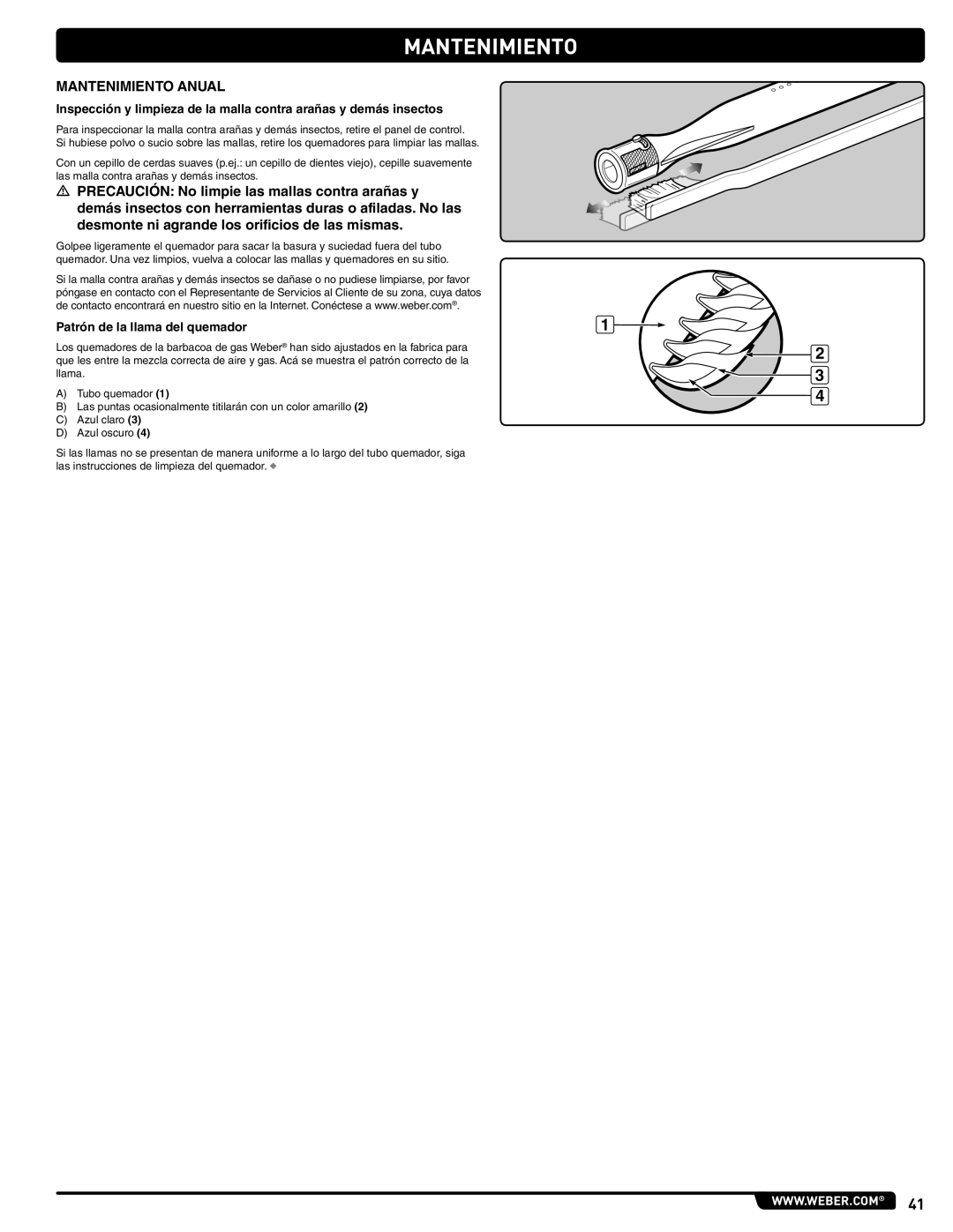 Weber 89963 manual Mantenimiento Anual, Patrón de la llama del quemador 