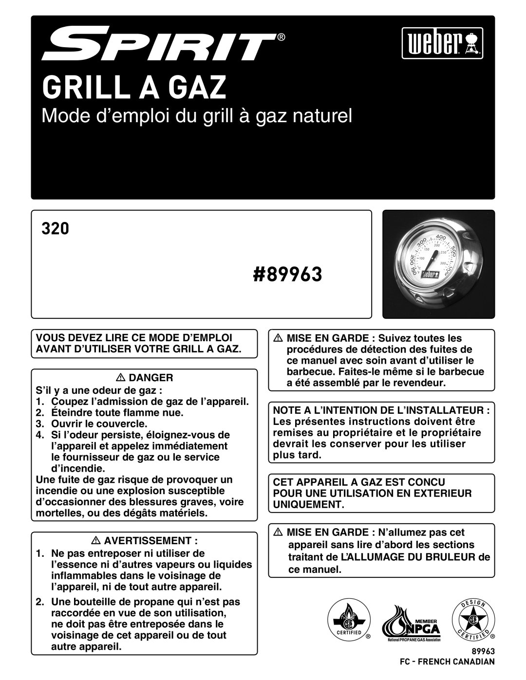 Weber 89963 manual Grill a GAZ 