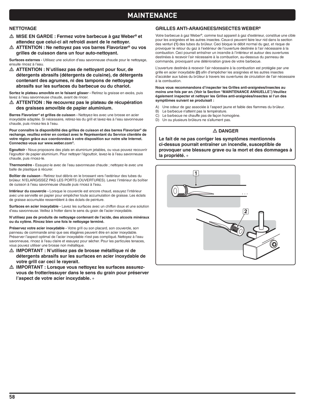Weber 89963 manual Nettoyage, Grilles ANTI-ARAIGNEES/INSECTES Weber 