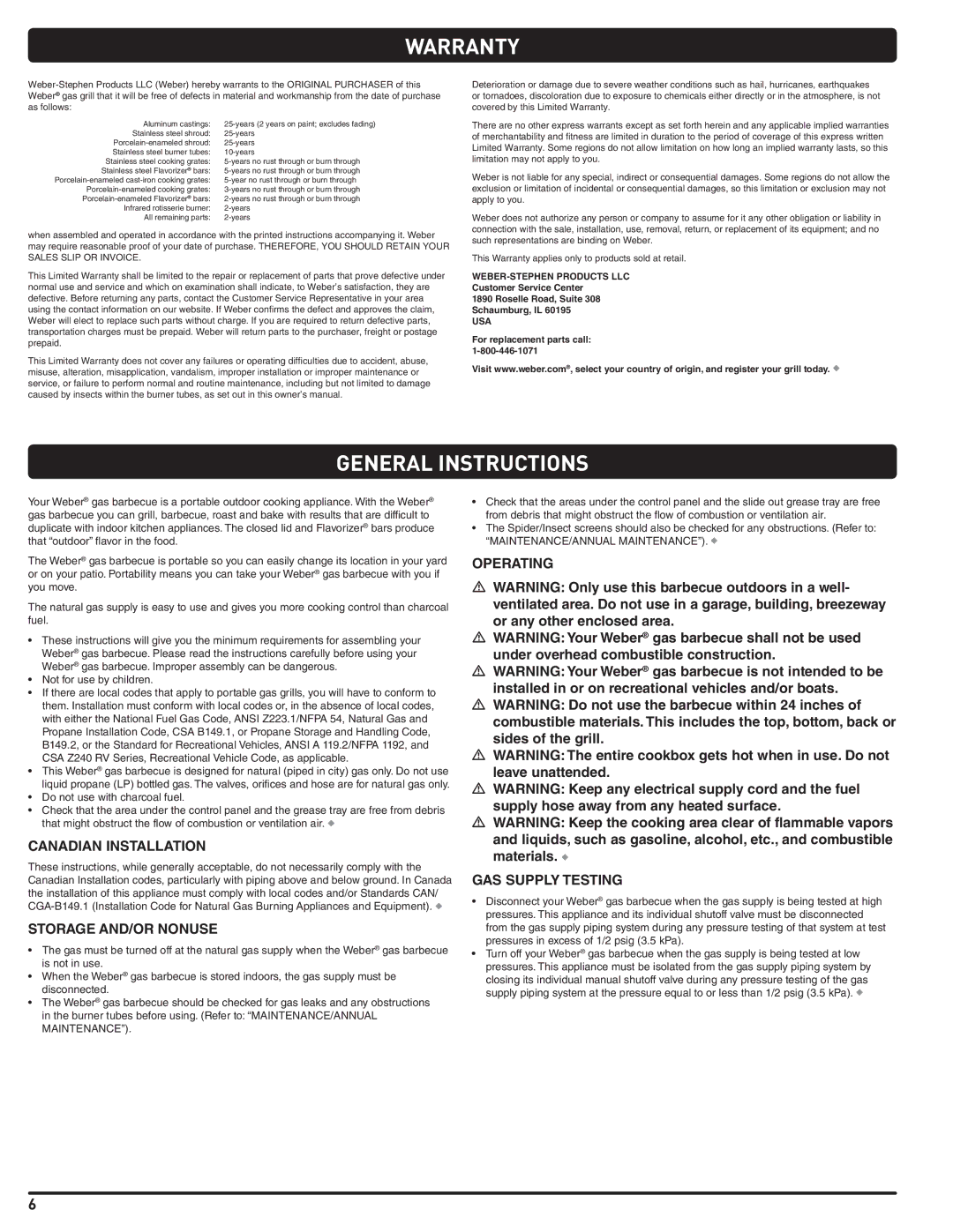 Weber 89963 Warranty, General Instructions, Canadian Installation, Storage AND/OR Nonuse, Operating GAS Supply Testing 