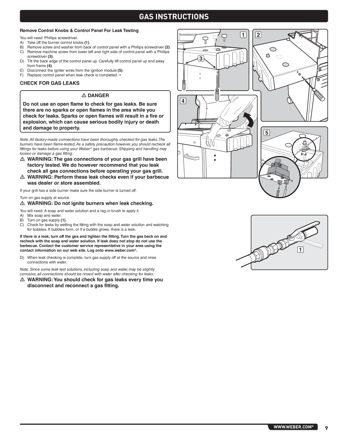 Weber 89963 manual Check for GAS Leaks, Remove Control Knobs & Control Panel For Leak Testing 