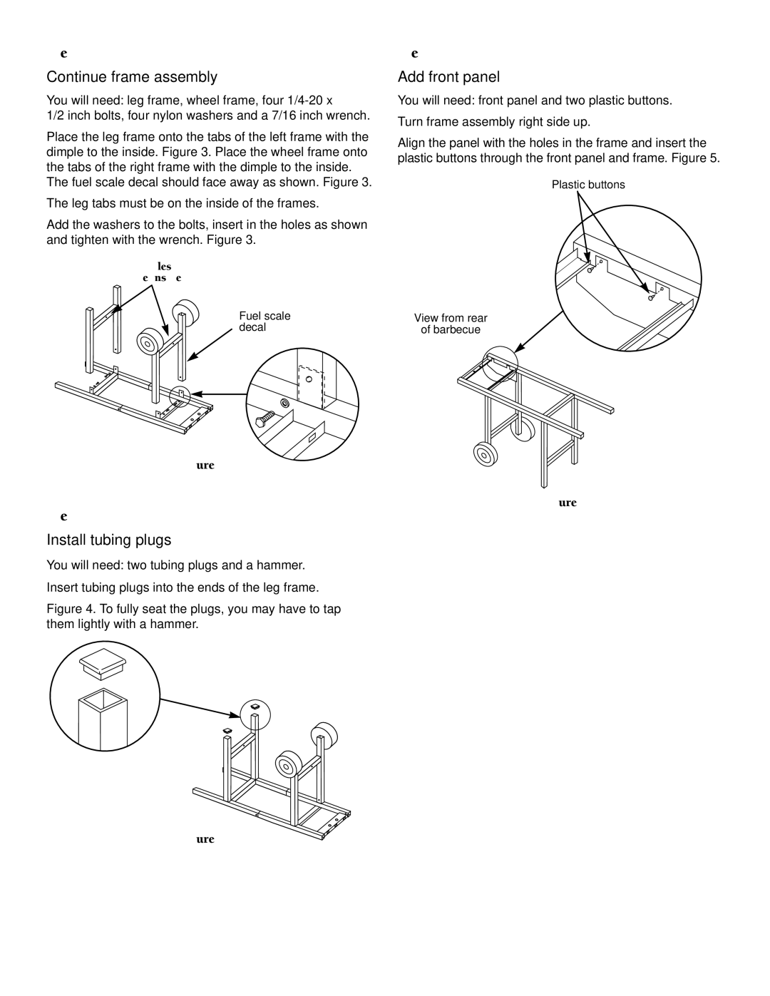 Weber 900 LP owner manual Continue frame assembly, Install tubing plugs, Add front panel 