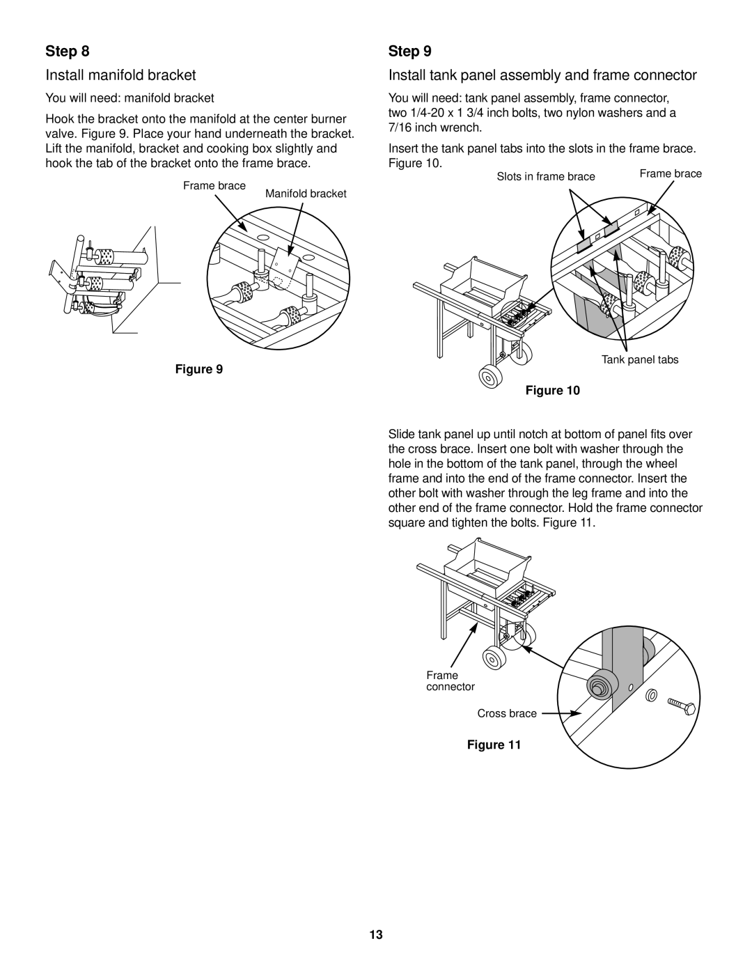 Weber 900 LP owner manual Install manifold bracket, Install tank panel assembly and frame connector 