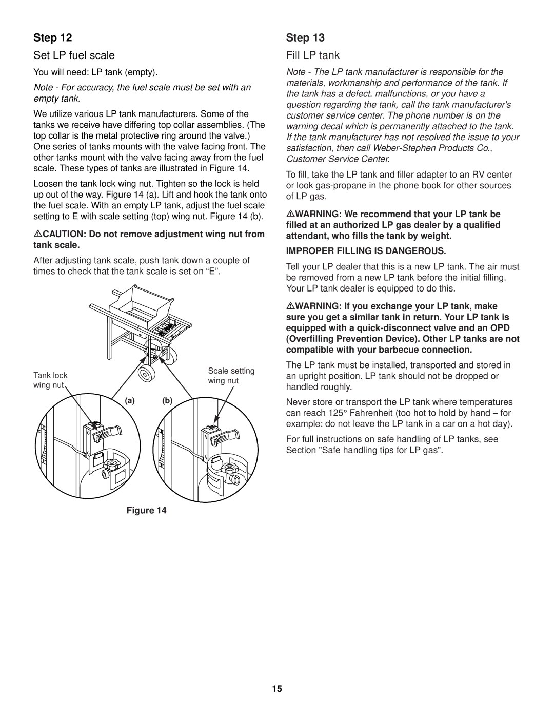 Weber 900 LP owner manual Set LP fuel scale, Fill LP tank, MCAUTION Do not remove adjustment wing nut from tank scale 