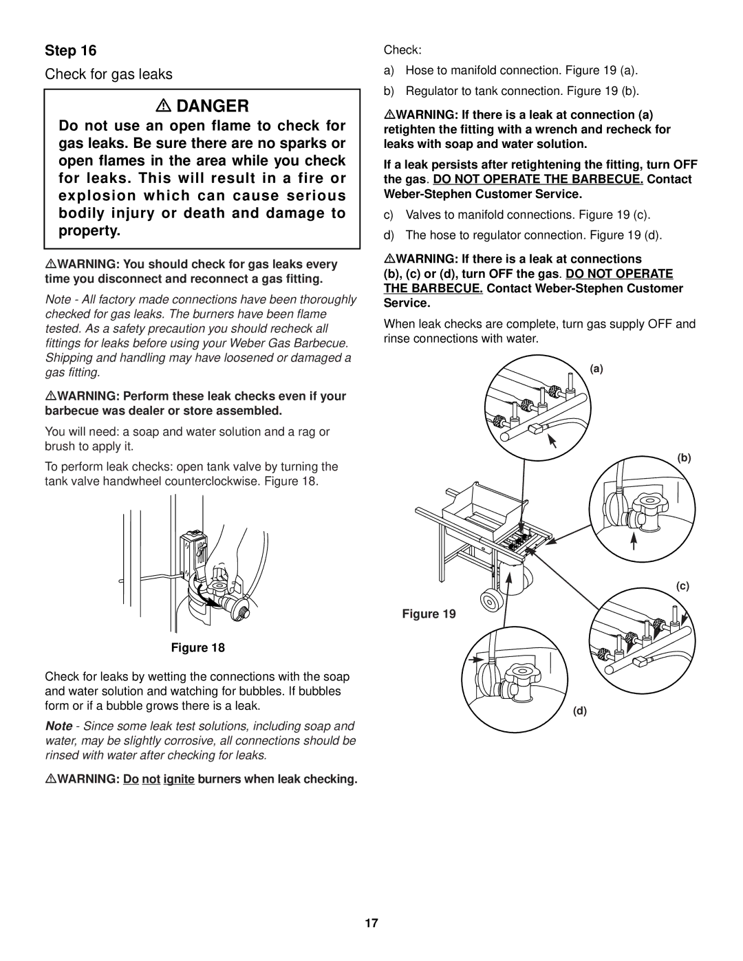 Weber 900 LP owner manual Check for gas leaks, MWARNING Do not ignite burners when leak checking 