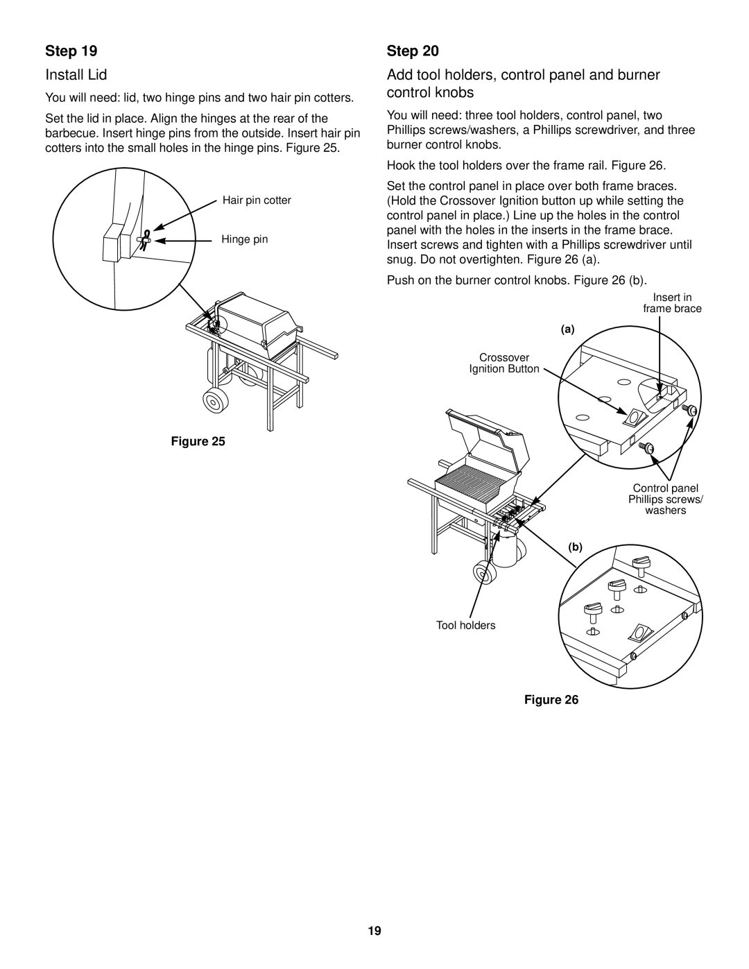 Weber 900 LP owner manual Install Lid, Add tool holders, control panel and burner control knobs 