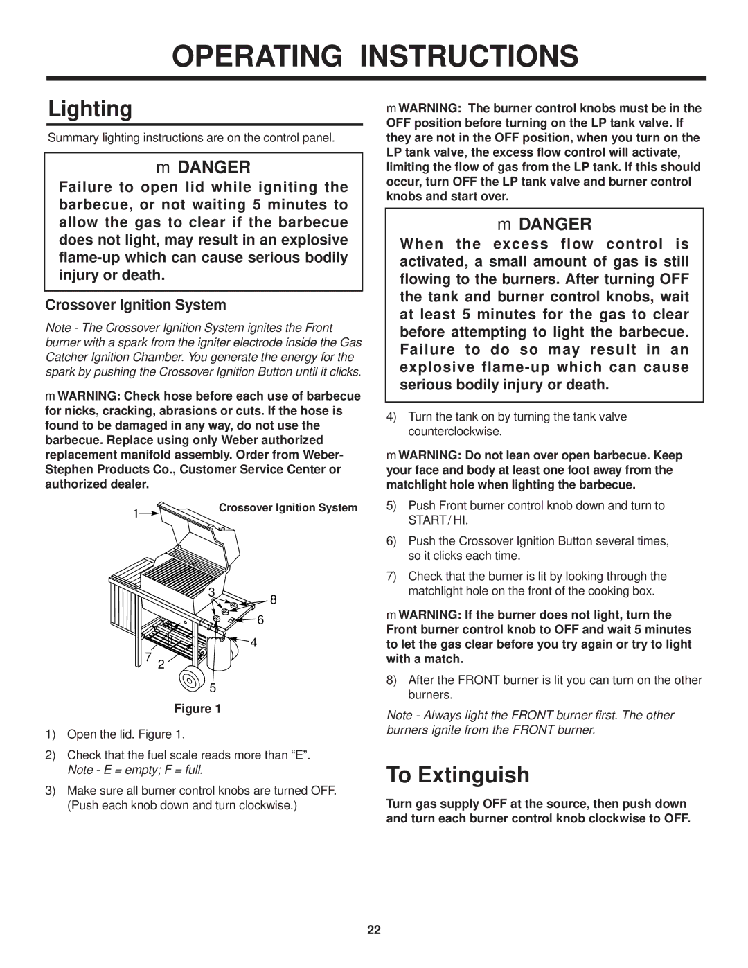 Weber 900 LP owner manual Lighting, To Extinguish 