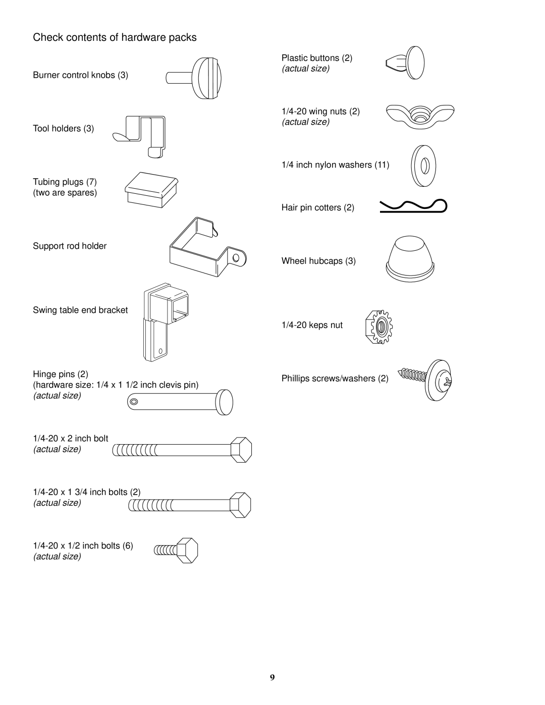 Weber 900 LP owner manual Check contents of hardware packs 