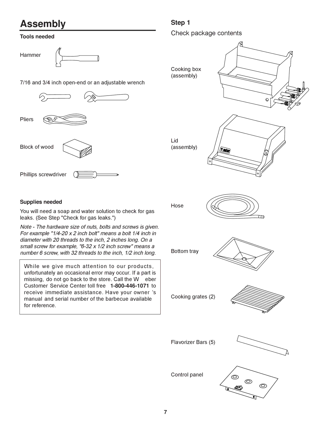 Weber 900 owner manual Assembly, Step, Check package contents 