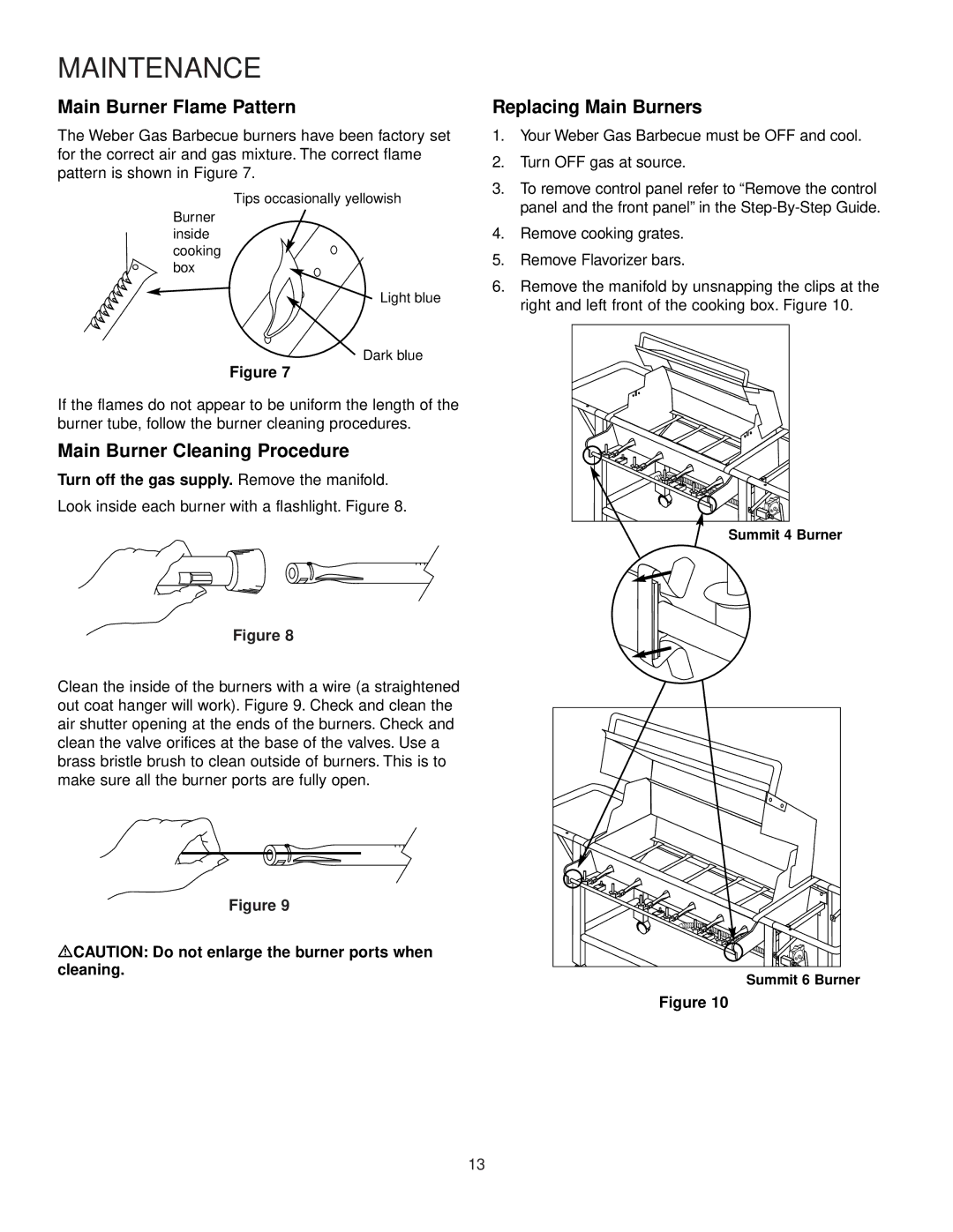 Weber 92774 manual Main Burner Flame Pattern, Main Burner Cleaning Procedure, Replacing Main Burners 