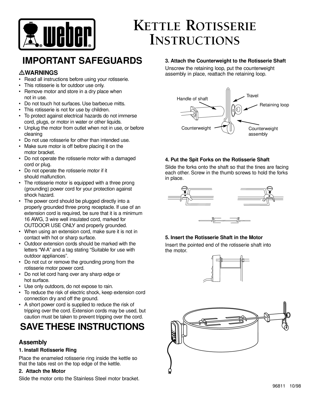 Weber 96811 manual Kettle Rotisserie Instructions 