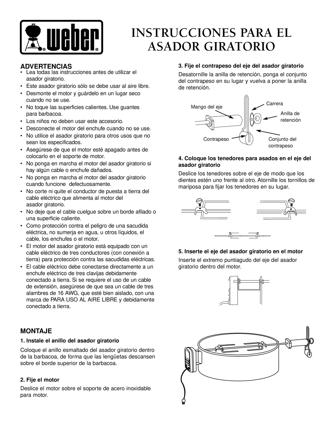 Weber 96811 manual Instrucciones Para EL Asador Giratorio, Advertencias, Montaje 