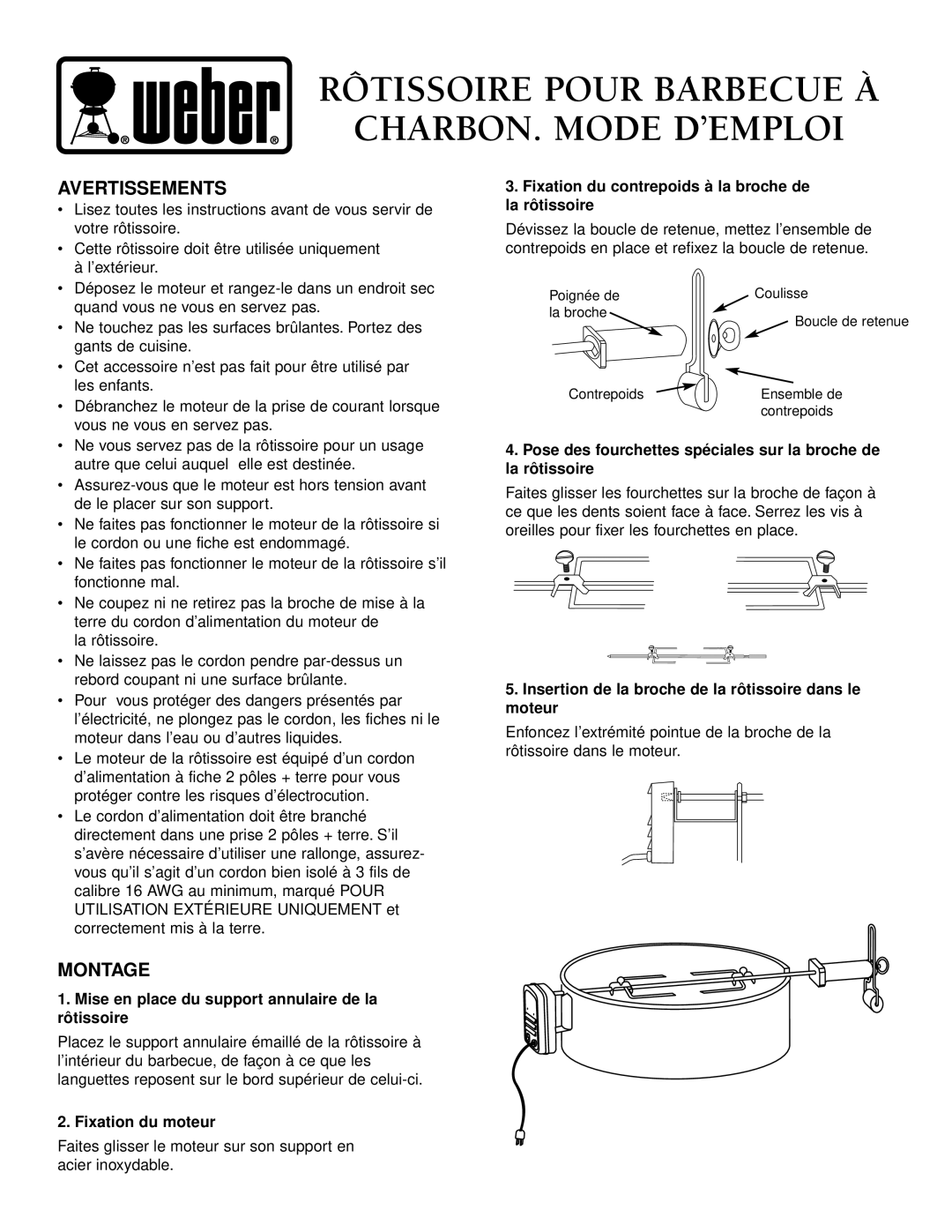 Weber 96811 manual Rôtissoire Pour Barbecue À CHARBON. Mode D’EMPLOI, Avertissements, Montage 