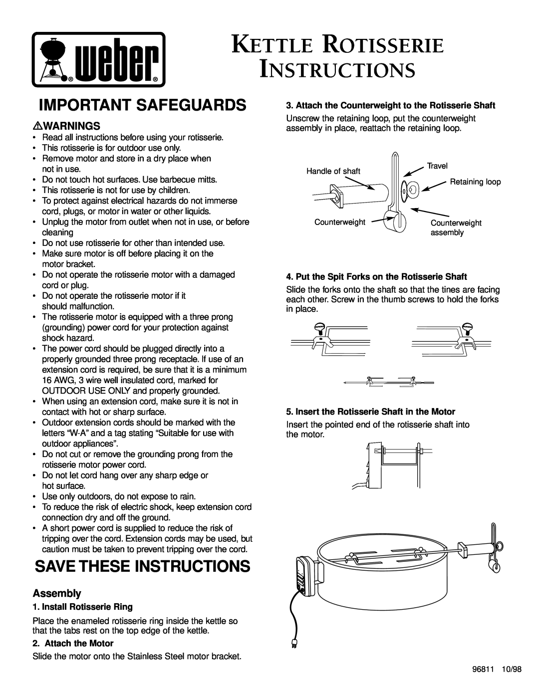 Weber 96811 manual Kettle Rotisserie Instructions, mWARNINGS, Assembly, Install Rotisserie Ring, Attach the Motor 
