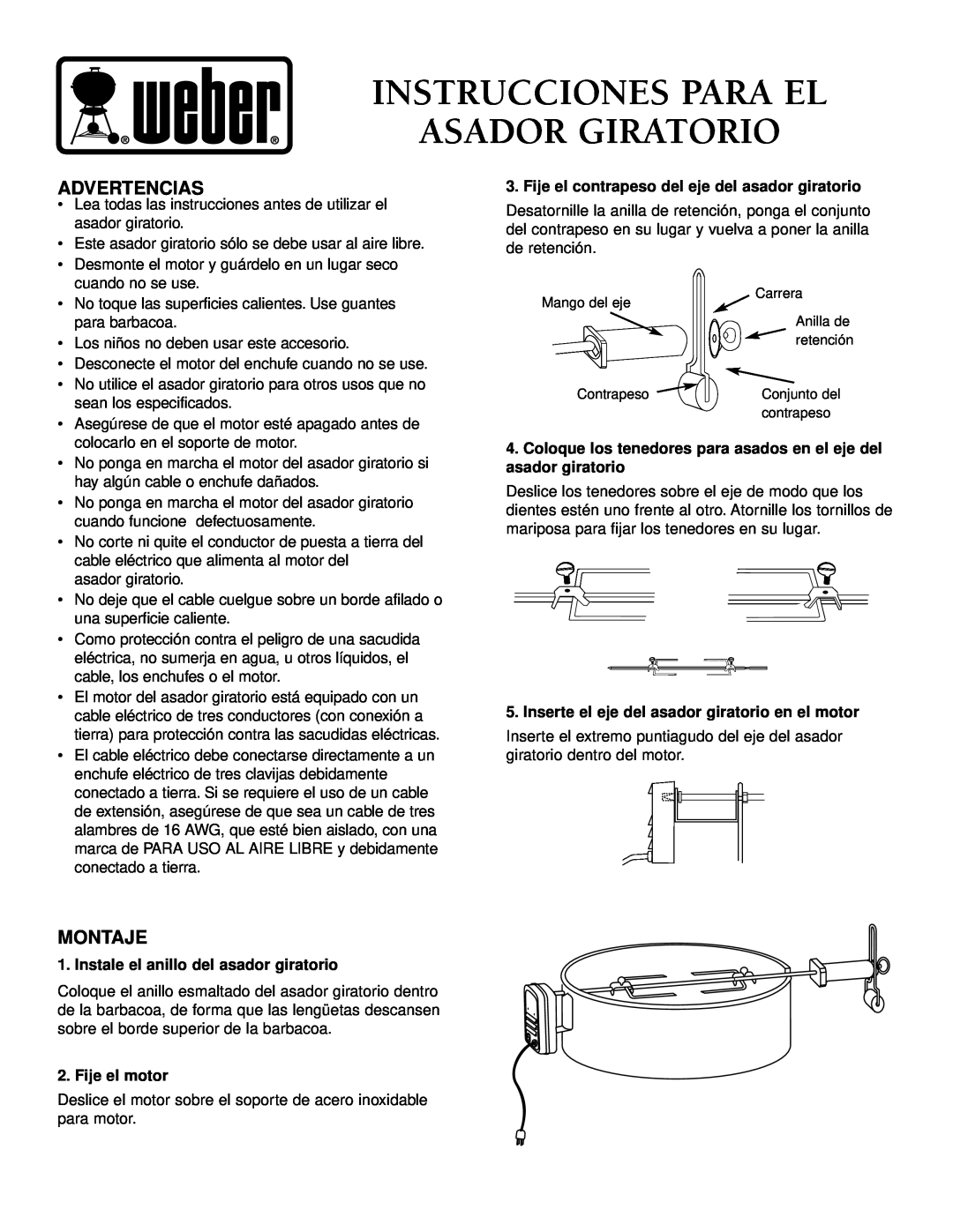 Weber 96811 manual Instrucciones Para El Asador Giratorio, Advertencias, Montaje, Instale el anillo del asador giratorio 