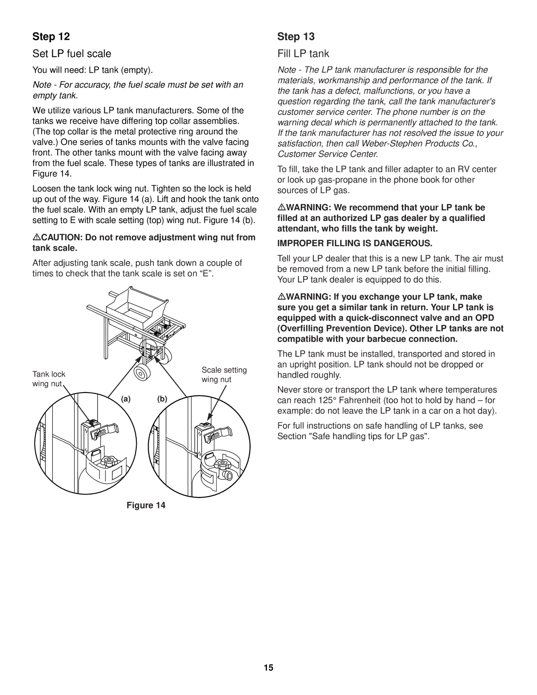 Weber 500 LP, 98567 owner manual Set LP fuel scale, Fill LP tank, MCAUTION Do not remove adjustment wing nut from tank scale 