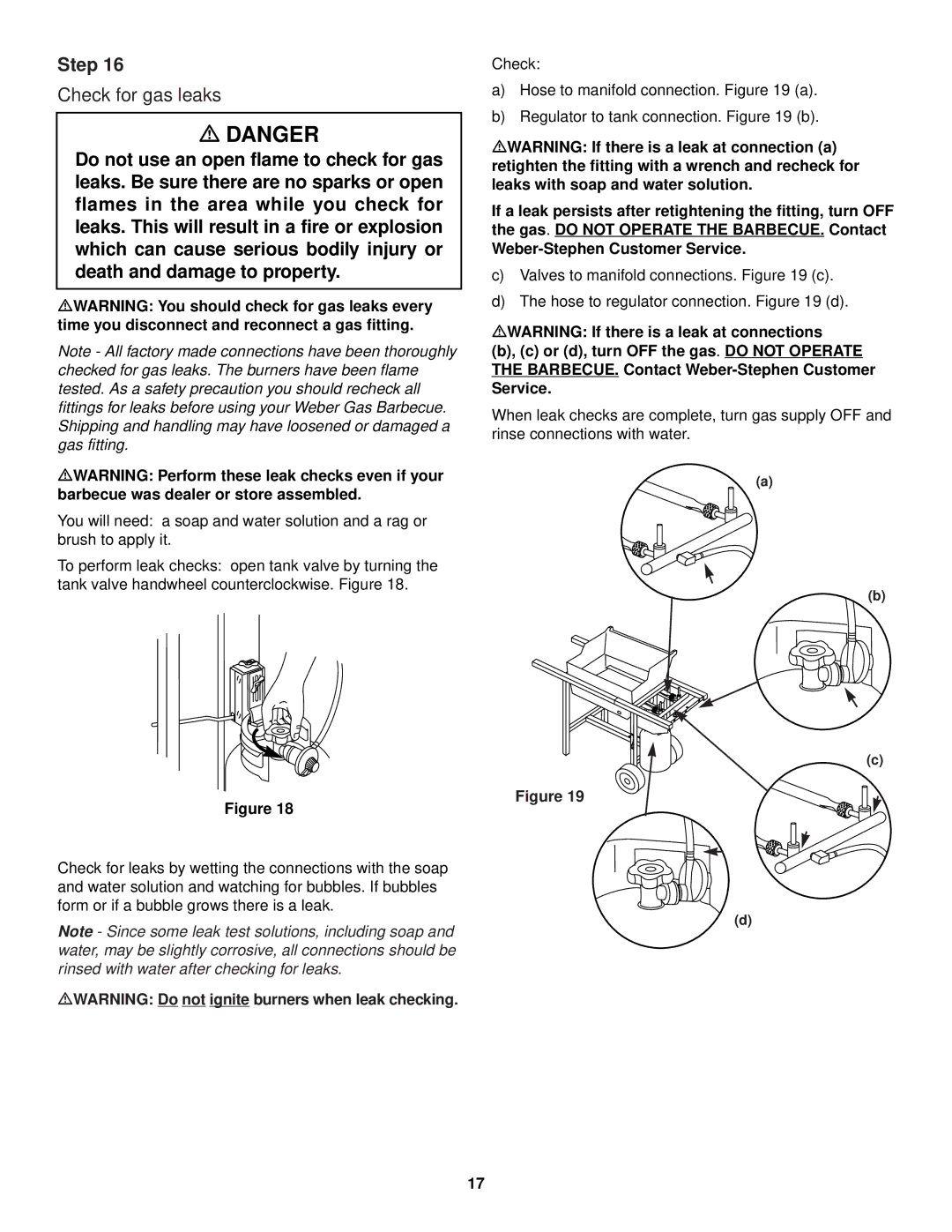 Weber 500 LP, 98567 owner manual Check for gas leaks, MWARNING Do not ignite burners when leak checking 