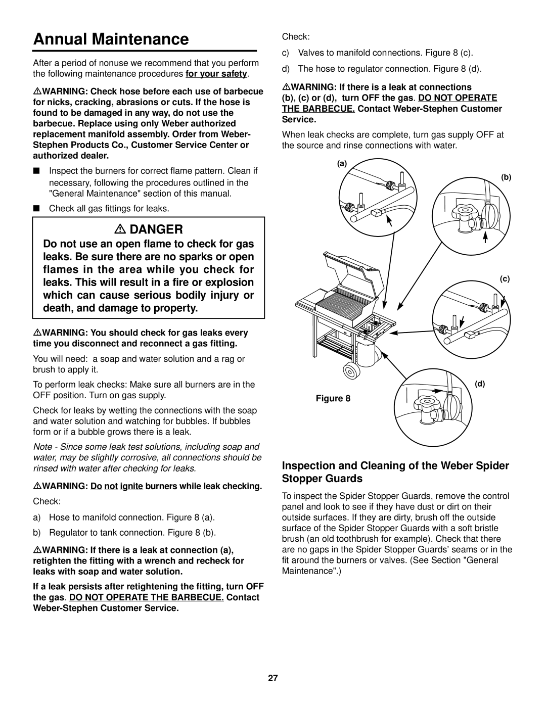 Weber 500 LP, 98567 owner manual Annual Maintenance, Inspection and Cleaning of the Weber Spider Stopper Guards 