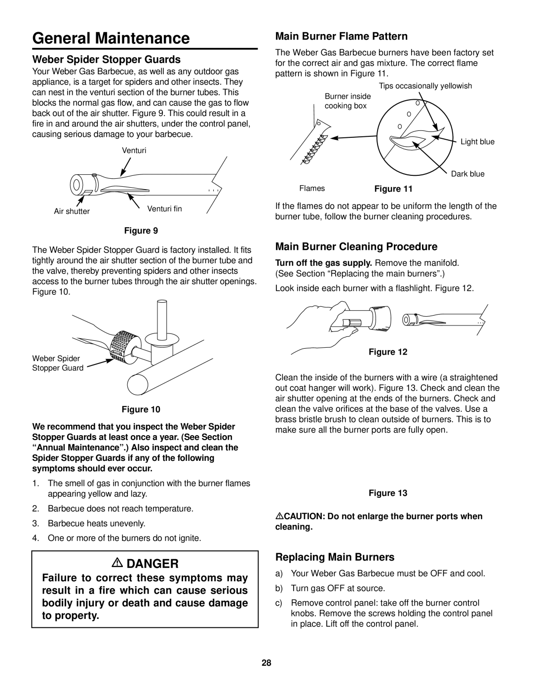 Weber 98567 General Maintenance, Weber Spider Stopper Guards, Main Burner Cleaning Procedure, Replacing Main Burners 