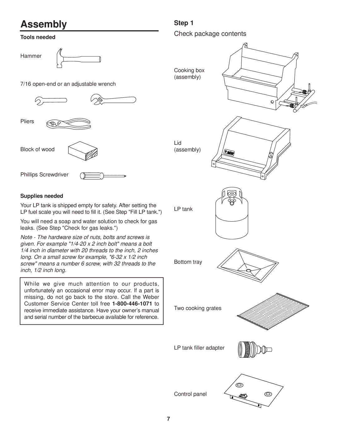 Weber 500 LP, 98567 owner manual Assembly, Step, Check package contents 