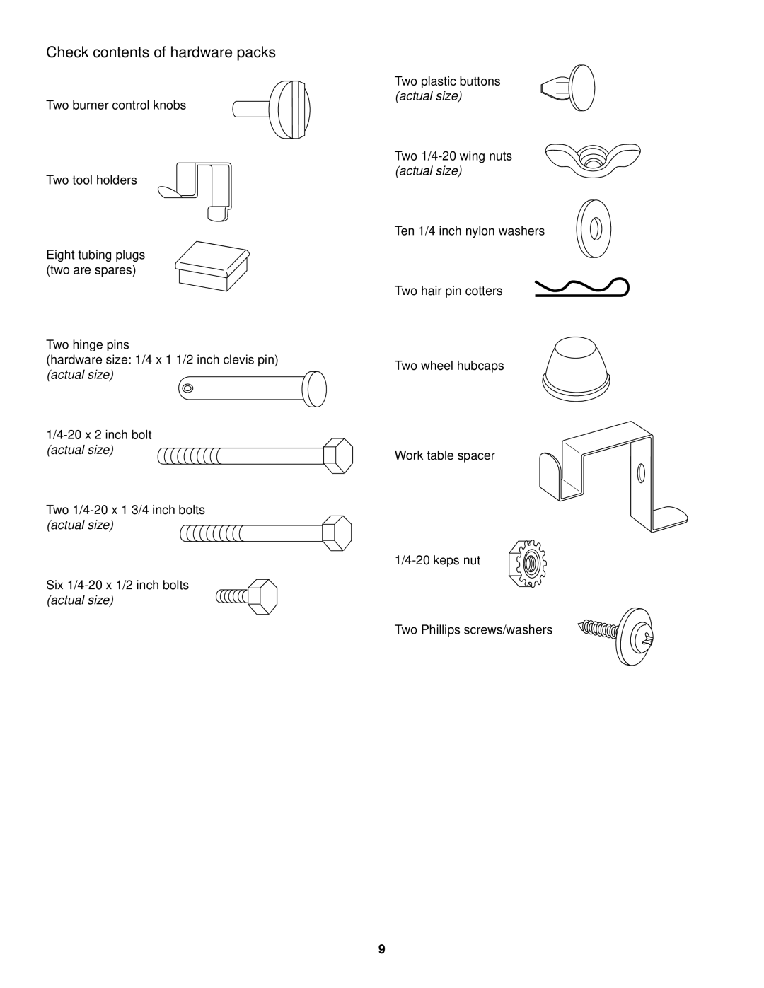 Weber 500 LP, 98567 owner manual Check contents of hardware packs 