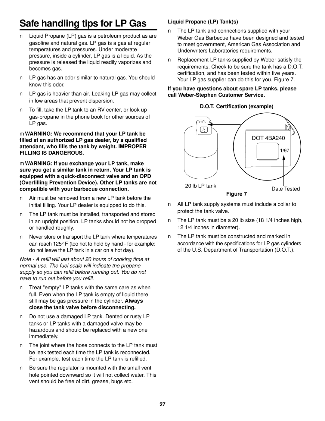 Weber 98583 owner manual Safe handling tips for LP Gas, Liquid Propane LP Tanks 