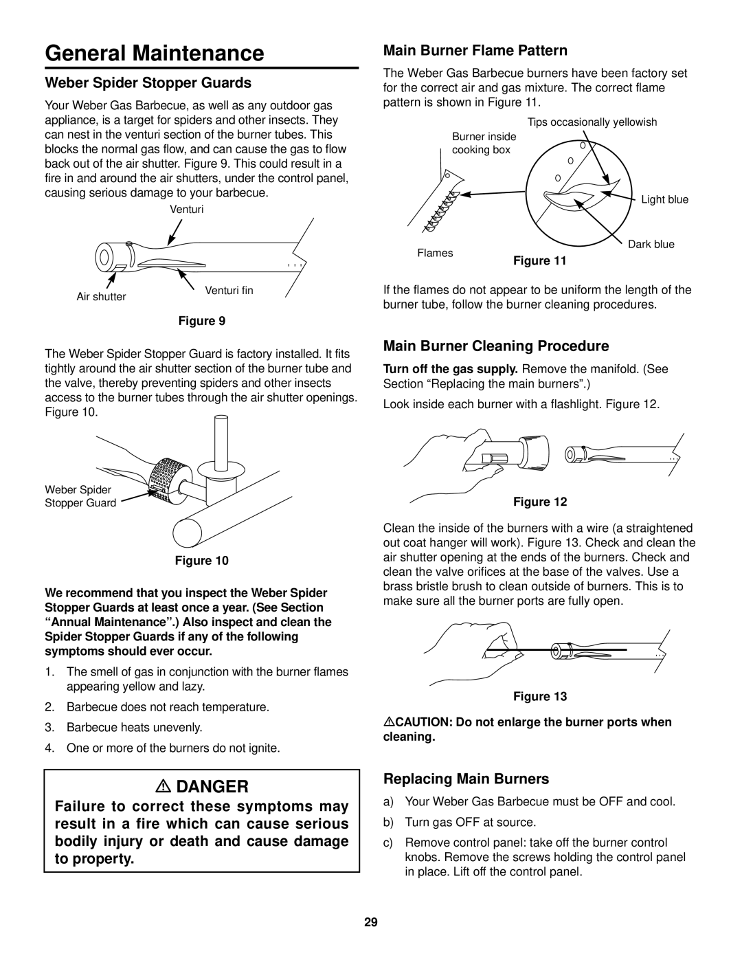 Weber 98583 General Maintenance, Weber Spider Stopper Guards, Main Burner Flame Pattern, Main Burner Cleaning Procedure 