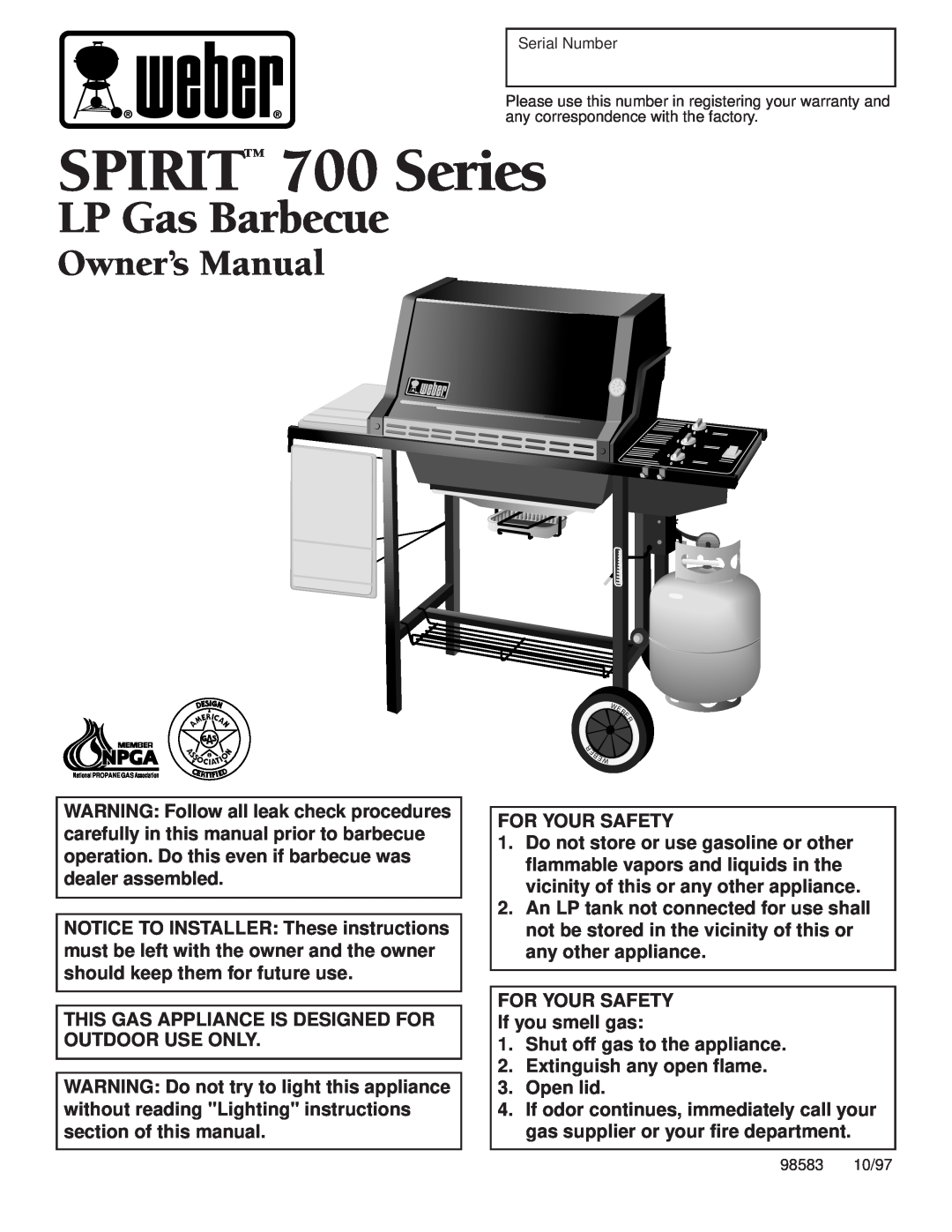 Weber 98583 owner manual SPIRIT 700 Series, LP Gas Barbecue, For Your Safety, FOR YOUR SAFETY If you smell gas 