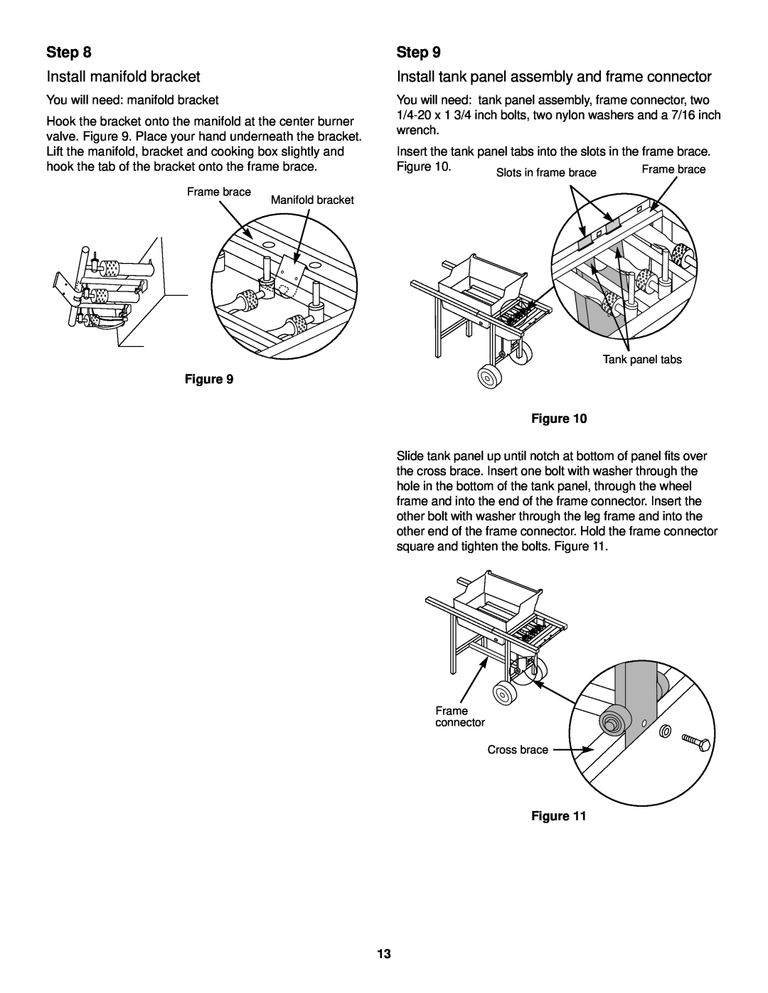 Weber 98583 owner manual Step, Install manifold bracket, Frame brace Manifold bracket 