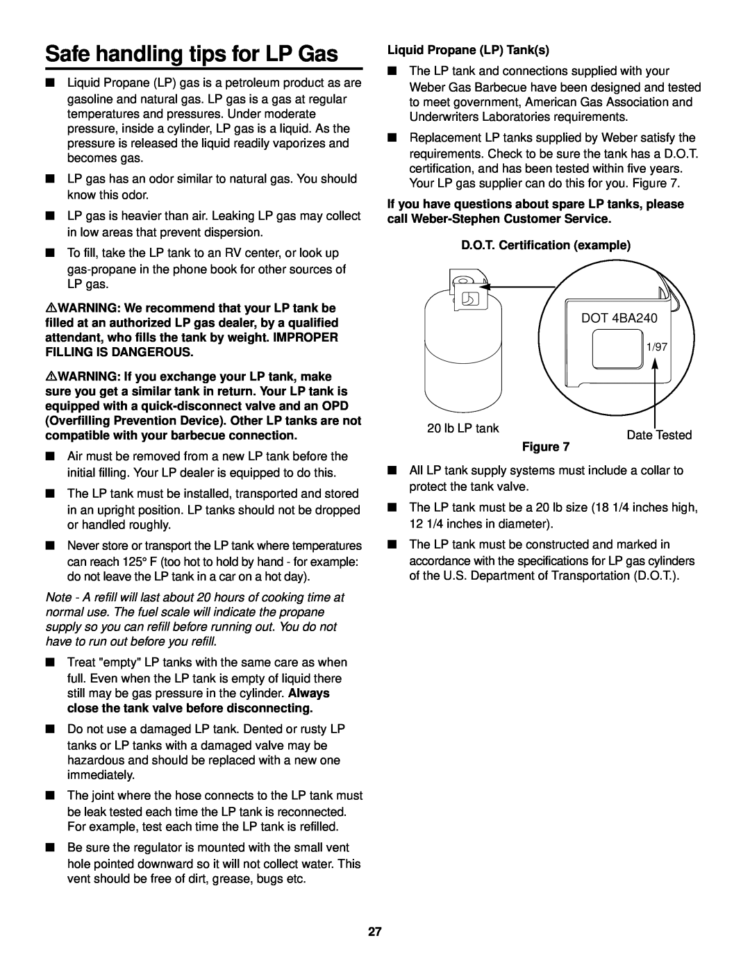 Weber 98583 owner manual Safe handling tips for LP Gas, DOT 4BA240, Liquid Propane LP Tanks, D.O.T. Certification example 