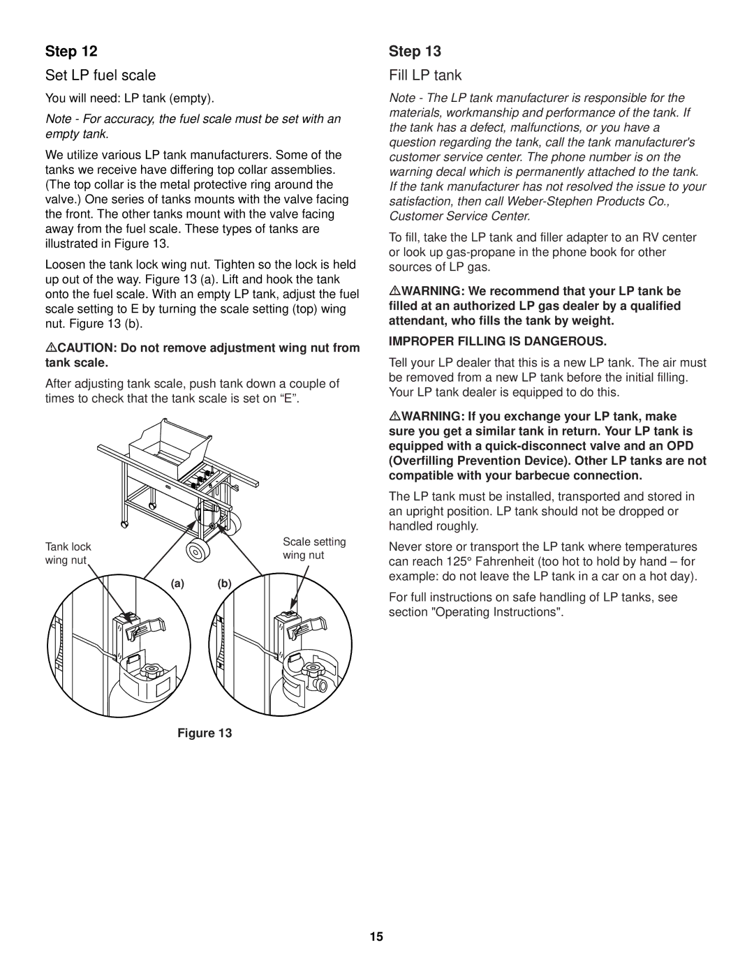 Weber 2000 Series, 98615 owner manual Set LP fuel scale, Fill LP tank 