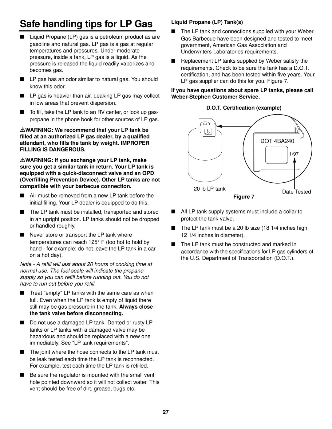 Weber 2000 Series, 98615 owner manual Safe handling tips for LP Gas, DOT 4BA240 