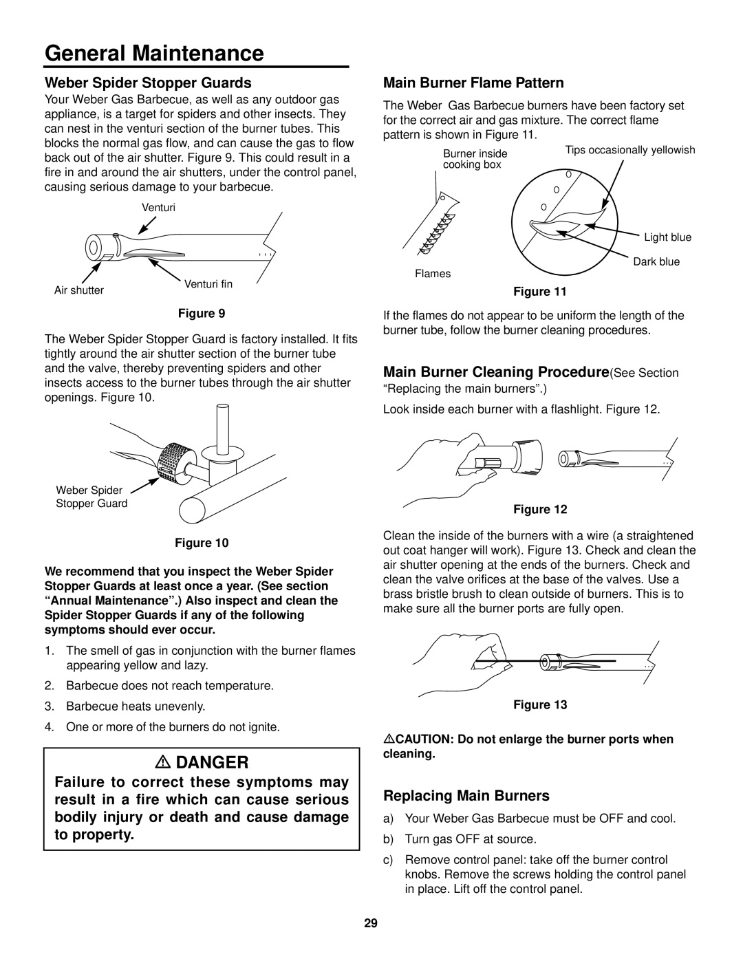 Weber 2000 Series General Maintenance, Weber Spider Stopper Guards, Main Burner Flame Pattern, Replacing Main Burners 