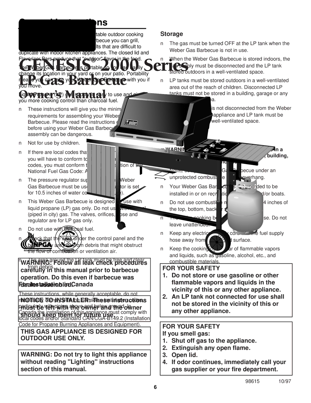 Weber 98615, 2000 Series owner manual General Instructions, For Installation in Canada, Storage, Operating area 