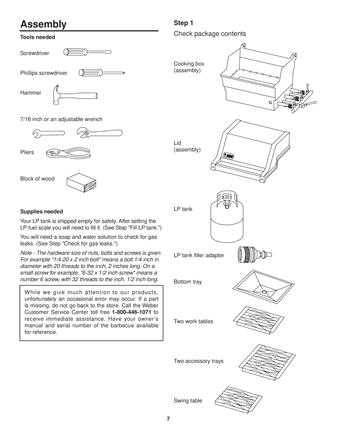 Weber 2000 Series, 98615 owner manual Assembly, Step, Check package contents 