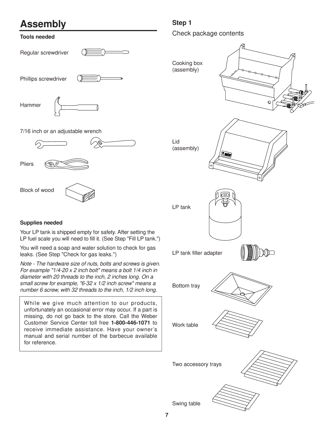 Weber 98642 owner manual Assembly, Step, Check package contents 