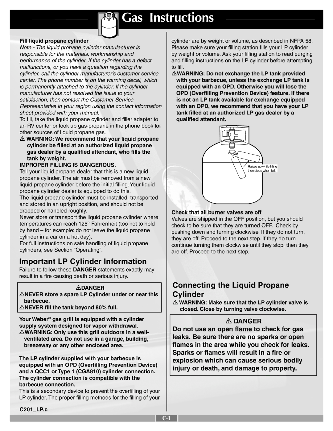 Weber E201.c, A205_LP.c, B201_LP.b manual Gas Instructions, Important LP Cylinder Information, Connecting the Liquid Propane 