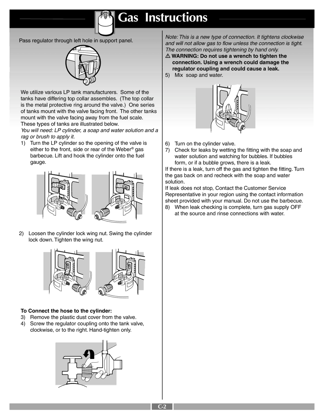 Weber Ba201.c, A205_LP.c, B201_LP.b manual Connection. Using a wrench could damage, Regulator coupling and could cause a leak 