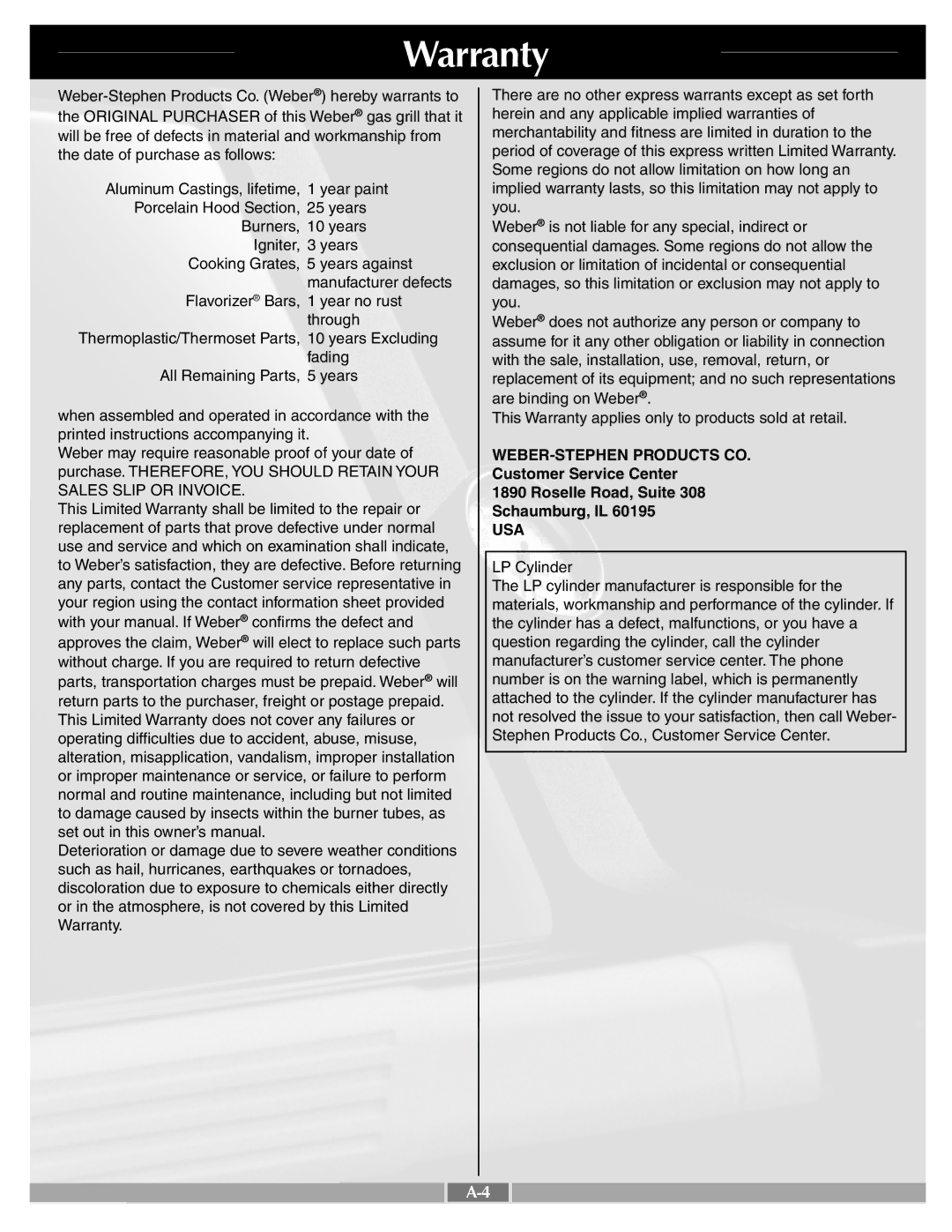 Weber Ba201.c, A205_LP.c, B201_LP.b, D201_LP.c, E201.c Warranty, Customer Service Center Roselle Road, Suite Schaumburg, IL 