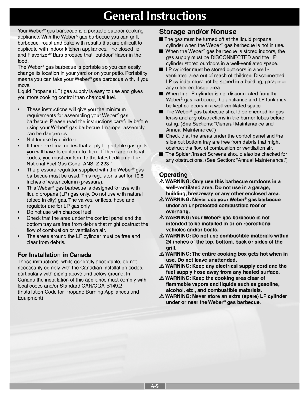 Weber C201_LP.c, A205_LP.c, B201_LP.b General Instructions, Storage and/or Nonuse, For Installation in Canada, Operating 