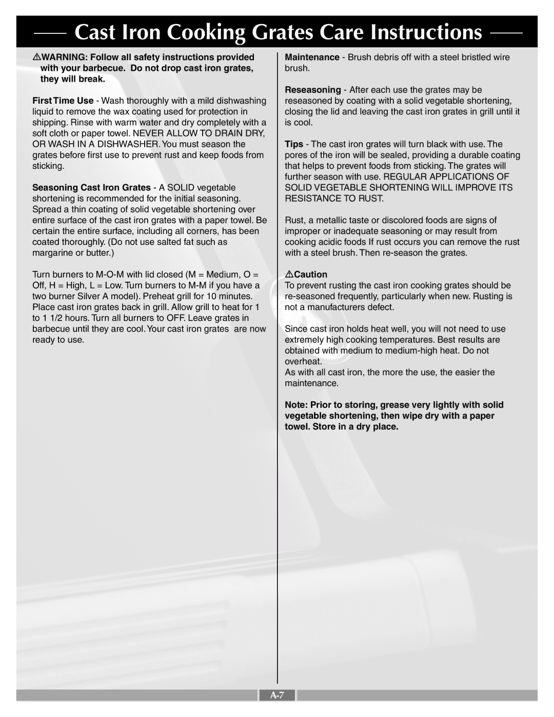 Weber B201_LP.b, A205_LP.c, D201_LP.c, E201.c, Ba201.c, C201_LP.c manual Cast Iron Cooking Grates Care Instructions 