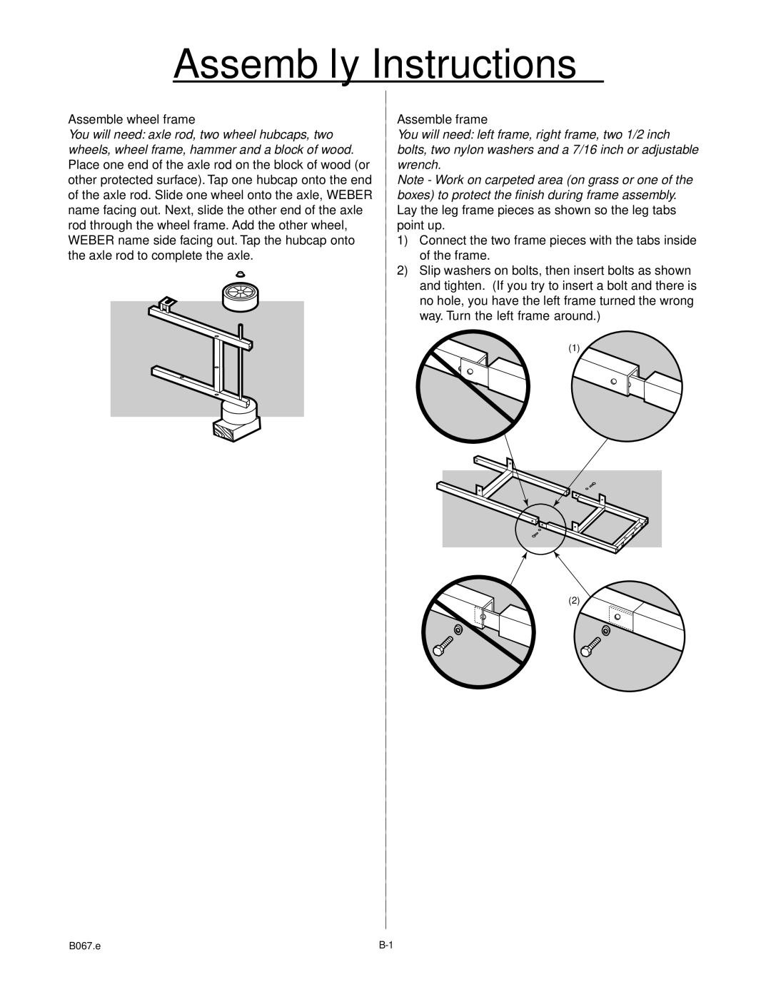 Weber genesis silver b natural gas grill, B067.E, A101.c manual Assemble wheel frame, Assemble frame 