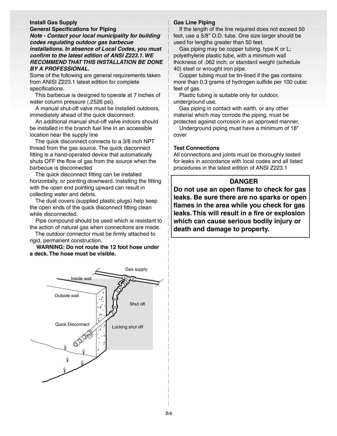 Weber A101.c, B067.E manual Install Gas Supply General Specifications for Piping, Gas Line Piping, Test Connections 