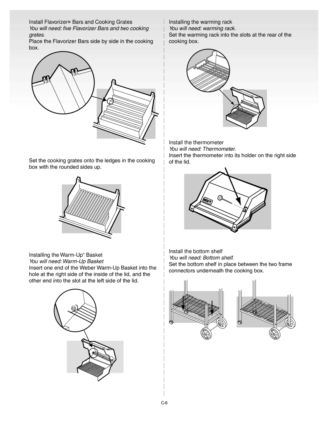 Weber A101.c Installing the Warm-Up Basket, Installing the warming rack, Install the thermometer, Install the bottom shelf 