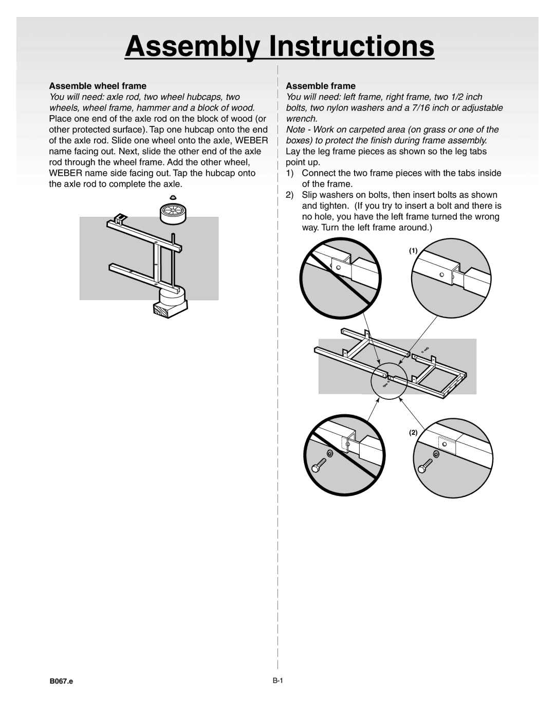 Weber A101.c, B067.E, C052.C manual Assemble wheel frame, Assemble frame 