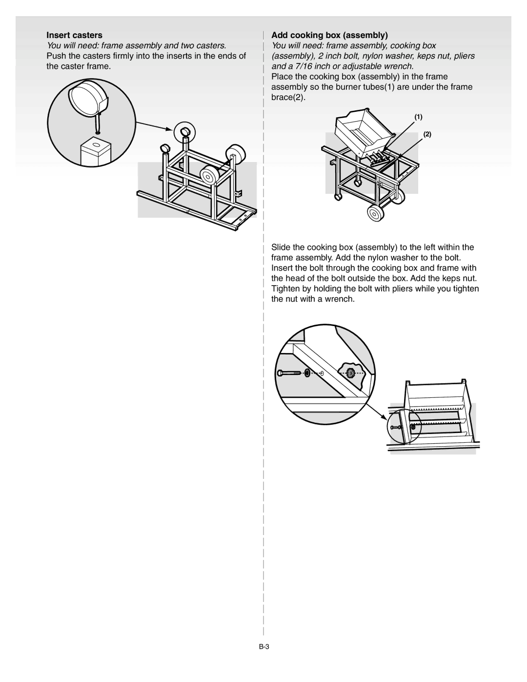 Weber C052.C, B067.E, A101.c manual Insert casters, Add cooking box assembly 